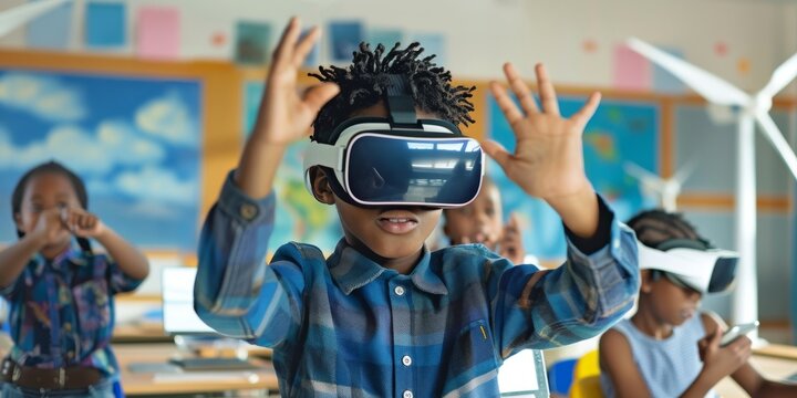 School children experiencing virtual reality in classroom setting for education and fun