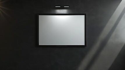 A single frame on a sleek black wall, under a bright spotlight, creating a striking and minimalist focal point in