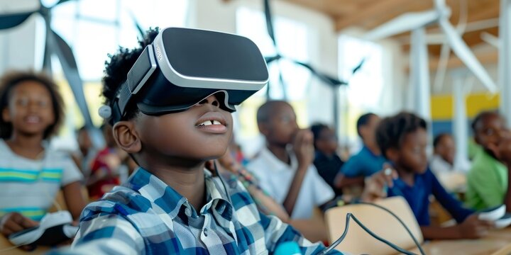 School children experiencing virtual reality in classroom setting for education and fun