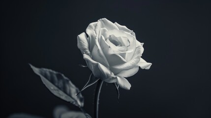 Monochrome macro photo of blooming white rose on black background