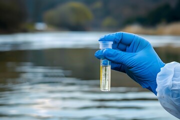 A close-up of water samples being held in test tubes in the hand in blue gloves, against a river background