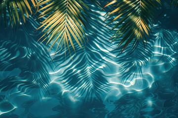 Fototapeta premium Tropical leaf shadow on water surface. Shadow of palm leaves on blue water. Beautiful abstract background concept banner for summer vacation at the beach