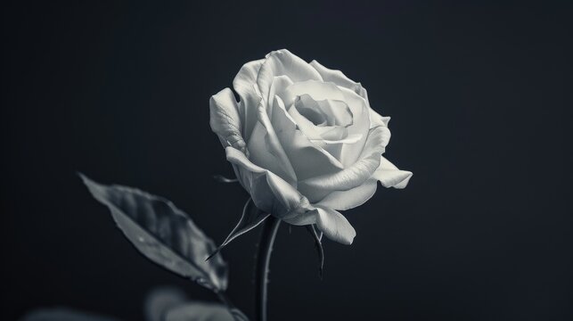 Fototapeta Monochrome macro photo of blooming white rose on black background