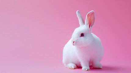 Obraz premium Beautiful white Easter bunny sitting on pink background Cute rabbit with bright eyes in nature symbolizing Easter