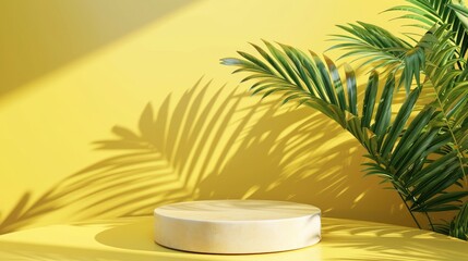 Fototapeta premium Mockup product display stage set against yellow pastel background with tropical palm leaves casting shadows on the wall
