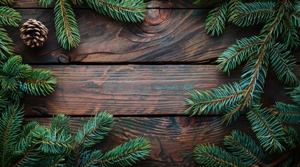 Fir tree branch on wood background for Christmas