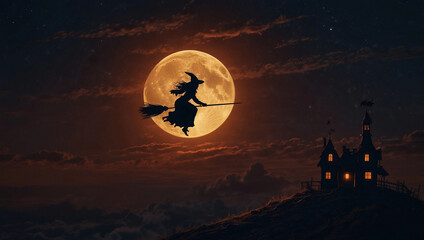 Charmed female witch flying on broom at midnight over full moon dark ritual halloween power magic day