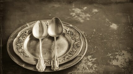 Antique silver tableware on aged metal backdrop Retro style image in sepia tones