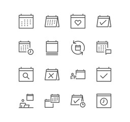 Set of calendar appointment icons, date, working, schedule, meeting settings, meeting and linear variety vectors.	
