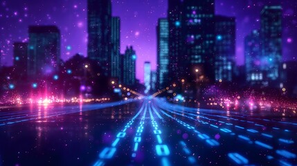 Fototapeta premium The image features a pink and blue digital city with elements of future technology and an alien-like aesthetic, set against a backdrop of pink and blue landscape and wallpaper.