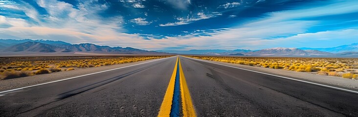 Naklejka premium Endless Road in Desert Landscape with Mountains
