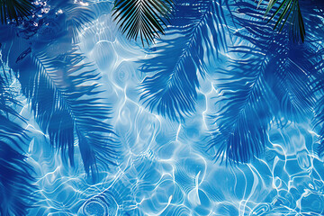 Fototapeta premium Tropical leaf shadow on water surface. Shadow of palm leaves on blue water. Beautiful abstract background concept banner for summer vacation at the beach