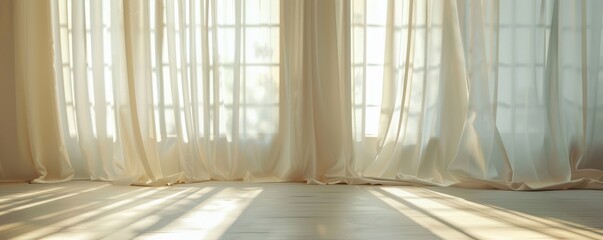 A large white curtain is blowing in the wind, creating a sense of movement. Free copy space for text.