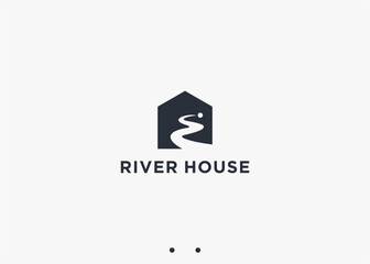house with river logo design vector silhouette illustration