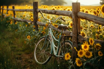 Vintage Bicycle Parked in a Field of Sunflowers