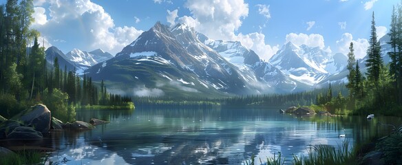 Serene Canadian Mountain Lake with Snow-Capped Peaks