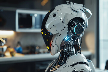 Generative AI creative picture Robot cyborg in activities of daily life house duties living together with people