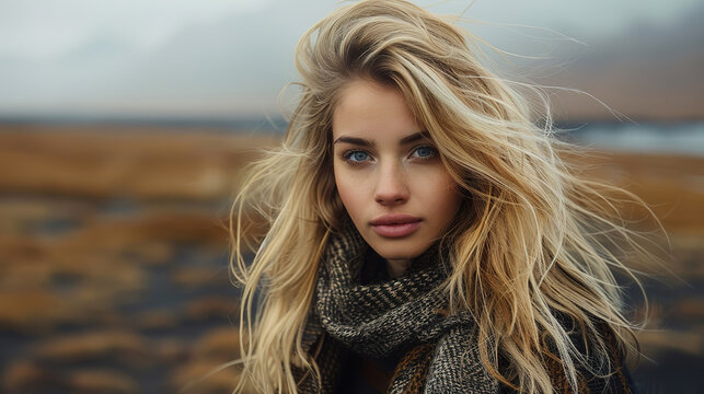 a long blonde haired female topmodel , standing in an empty landscape, facing the camera 