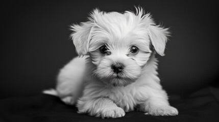 Black and white photograph of adorable Maltese puppy