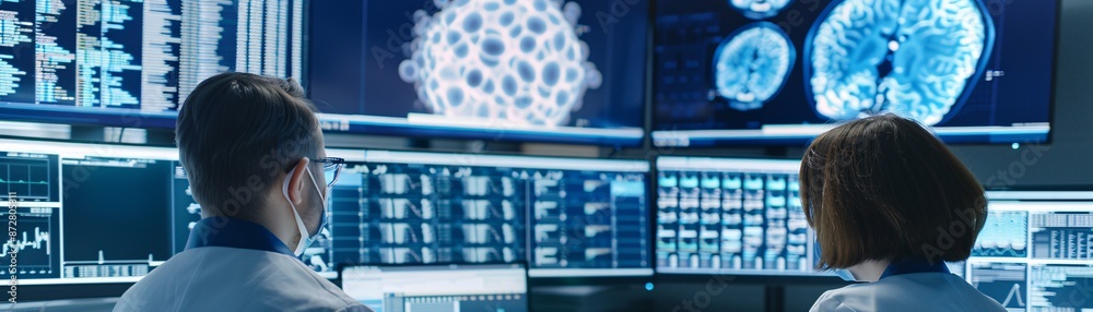 Poster documentary style image of data scientists analyzing clinical trial data, collaborative effort, mult
