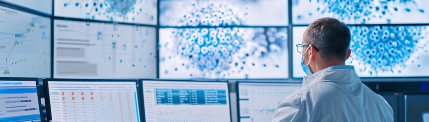 Documentary style image of data scientists analyzing clinical trial data, collaborative effort, multiple screens with complex data, innovative lab setting
