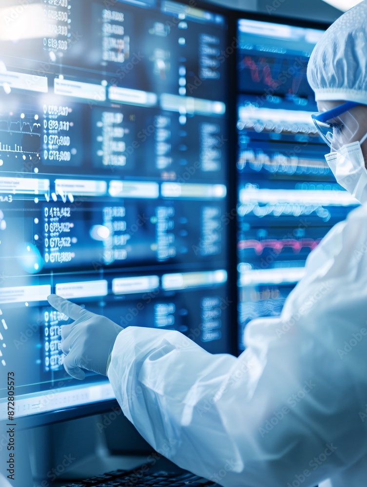 Poster documentary style image of a scientist inputting clinical trial data into a computer, multiple scree