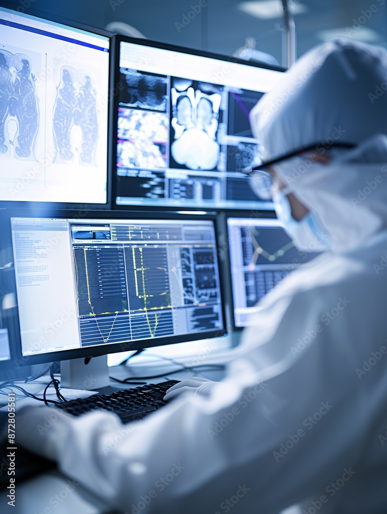 Poster documentary style image of a scientist inputting clinical trial data into a computer, multiple scree