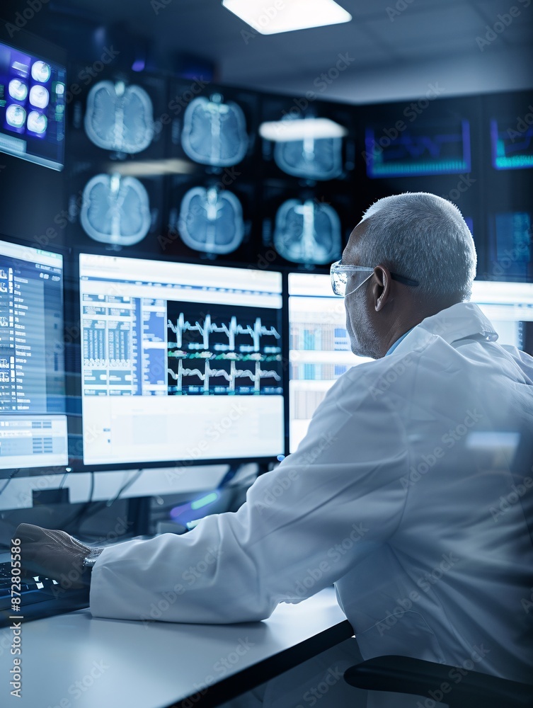 Poster documentary style image of a scientist inputting clinical trial data into a computer, multiple scree