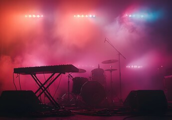Stage Setup with Keyboard, Drums, and Foggy Pink Lighting