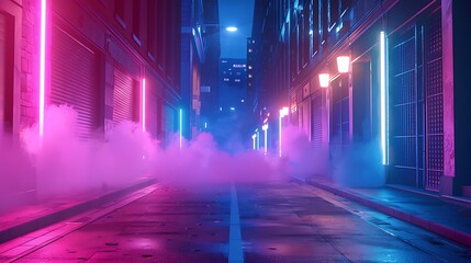 Naklejka premium A dark street, bathed in neon pink and blue lights, with night smog swirling around. Minimalistic, ultra HD quality.