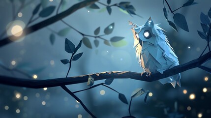A whimsical owl perched on a branch at night, surrounded by glowing fireflies in a dreamy forest setting.