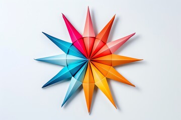 A vibrant and colorful starburst design with twelve 3D segments in gradient shades on a white background.