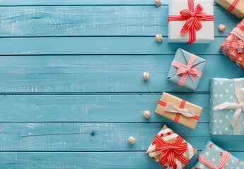 Colorful Gift Boxes On Blue Wooden Background