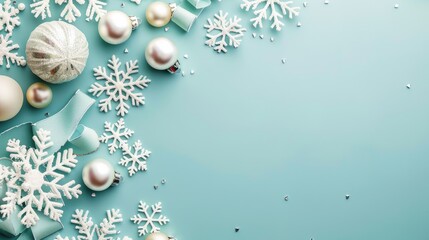 Fototapeta premium Elegant modern Christmas border with white snowflakes and Xmas decorations on a pastel blue background