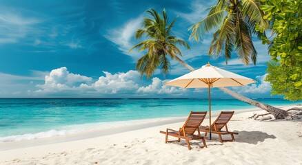 Tropical Beach Paradise with Palm Trees and Umbrella