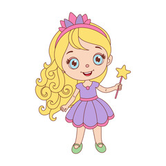 A cartoon girl with a wand and a crown. She is smiling and holding the wand. The image is of a princess