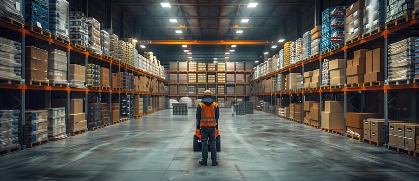 Worker in Safety Gear in Warehouse Aisle. Warehouse worker in safety gear stands in an aisle surrounded by stacked boxes, highlighting safety and organization in logistics.