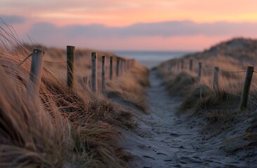 Sunset Path to Beach with Sand Dunes and Fence