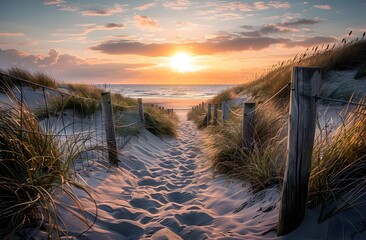 Sunset Path to Beach with Sand Dunes and Fence