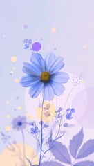 Blue flower with yellow center and abstract circles in a pastel background