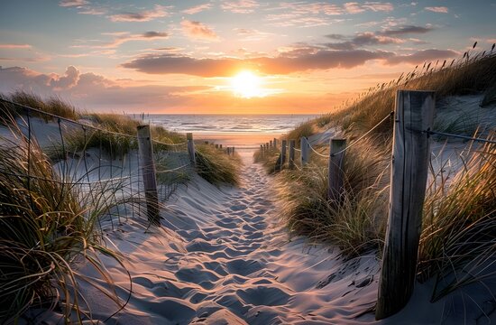 Fototapeta Sunset Path to Beach with Sand Dunes and Fence