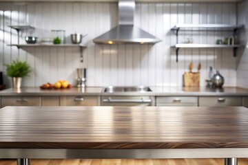 Steel table top with blurred empty kitchen background can be used for mocking up or display product to make advertising