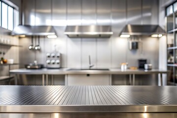 Steel table top with blurred empty kitchen background can be used for mocking up or display product to make advertising
