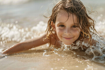 Funny children kids playing at the beach seaside poolside aquapark summer leisure weekend time, Generative AI
