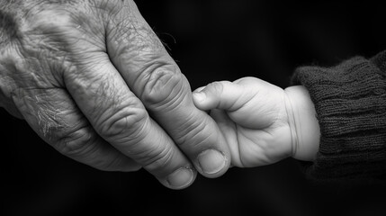 Fototapeta premium Grandfather holding her grandchild's hand. Black and white.