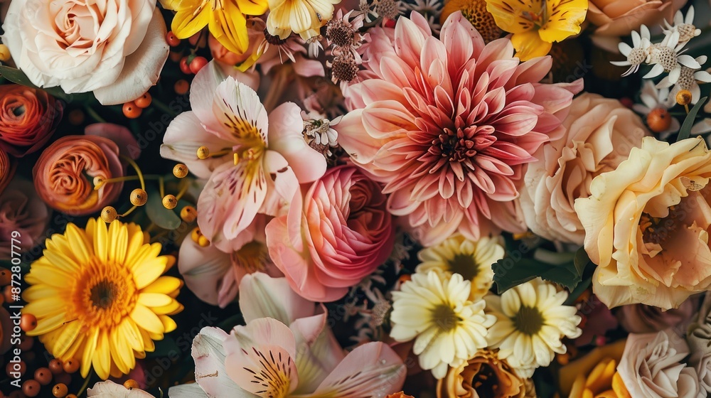 Wall mural spring bouquet featuring pink yellow and beige flowers up close