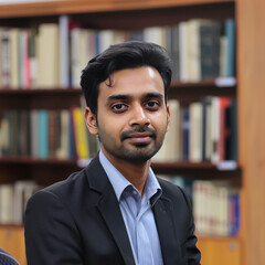 Obraz premium young indian businessman standing at library