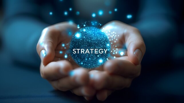 The image features a businessman's hand with the word "STRATEGY" projected on it, highlighting concepts of innovation, business promotion, and professional presentation in a corporate setting. - Powered by Adobe