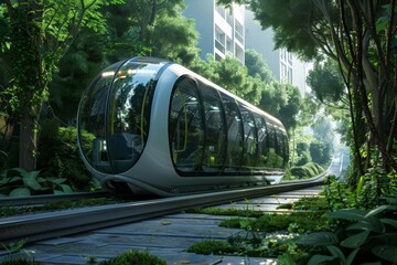 Futuristic Train in a Lush Forest.