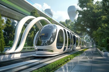 Naklejka premium Futuristic Train in a Modern City.